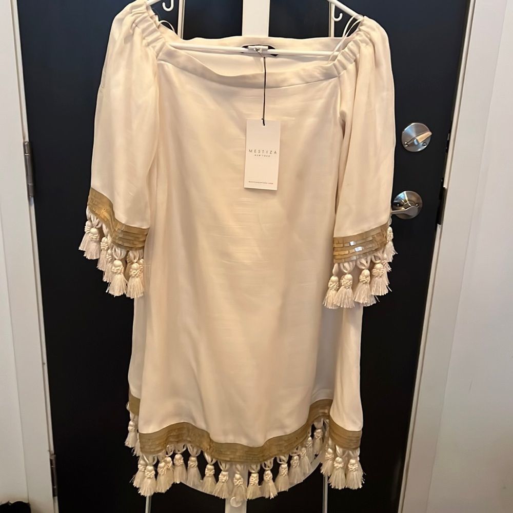 NWT cream mestizia NY off shoulder mini dress sequins and tassels - small